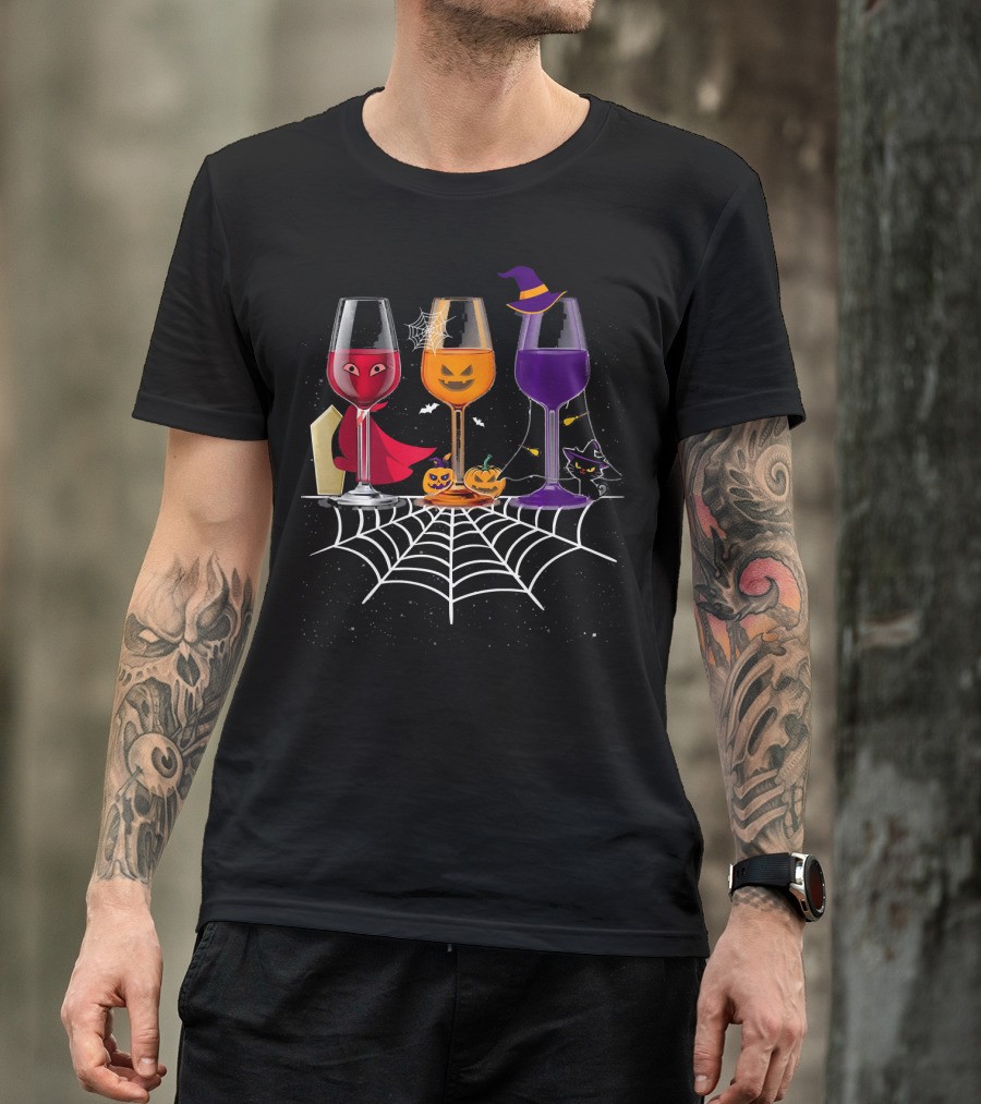 Halloween Wine Glasses Witch Vampire Pumpkin Cat Spiderweb T-Shirt