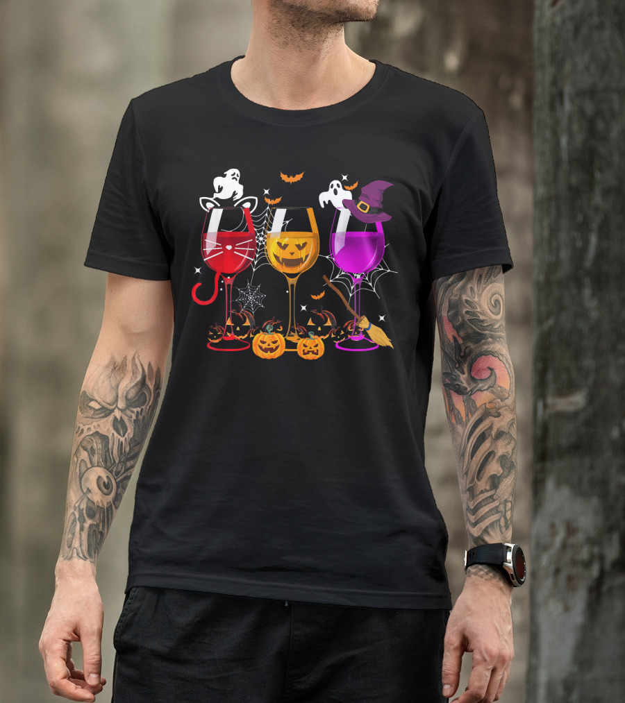 Halloween Ghost Cat Witch Pumpkin Three Glasses Of Wine T-Shirt