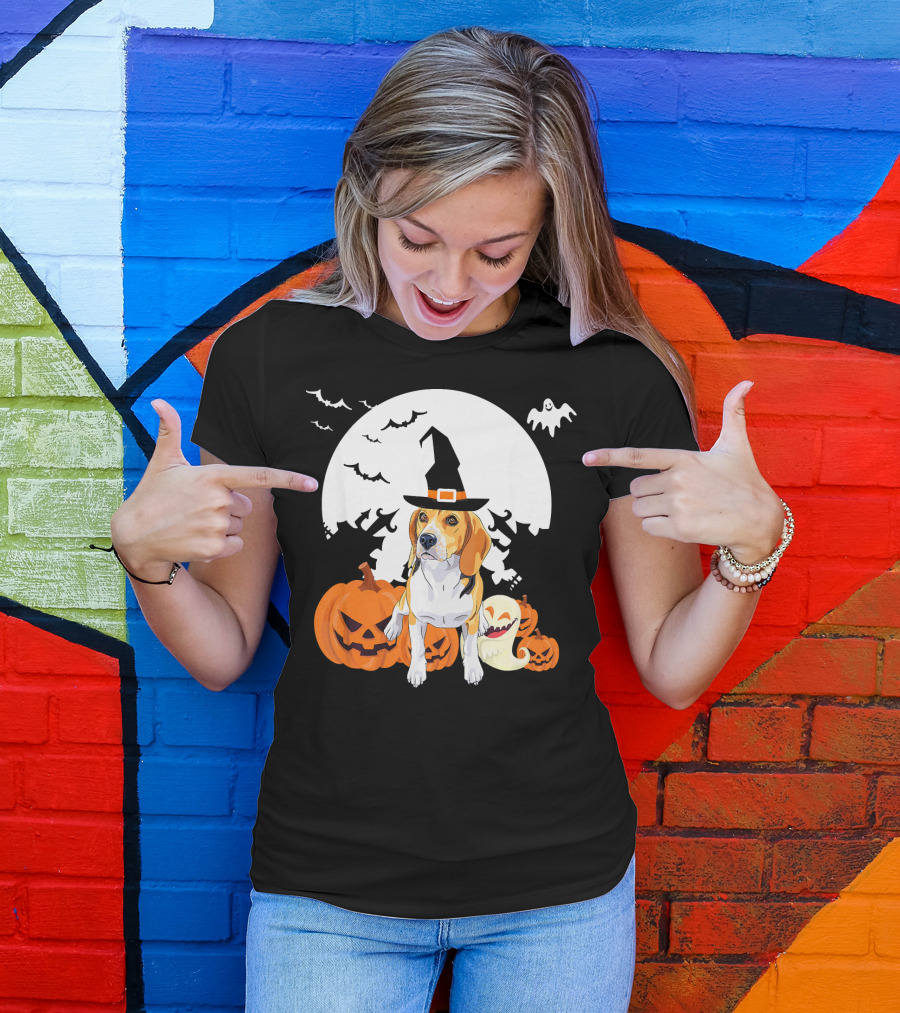 Happy Halloween Witch Beagle With Pumpkins And Ghosts T-Shirt