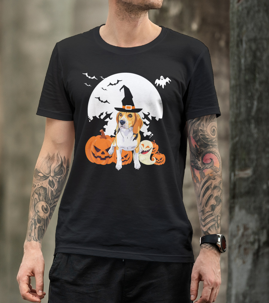 Happy Halloween Witch Beagle With Pumpkins And Ghosts T-Shirt