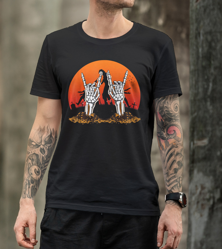 Halloween Skeleton Rocker Graveyard Sunset With Rock Hands T-Shirt