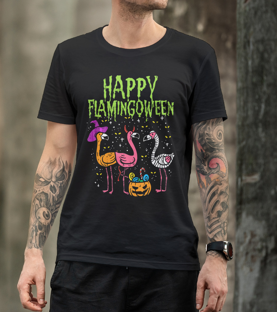 Happy Flamingoween Witch, Devil, Mummy Flamingo Halloween Pumpkin Candy T-Shirt