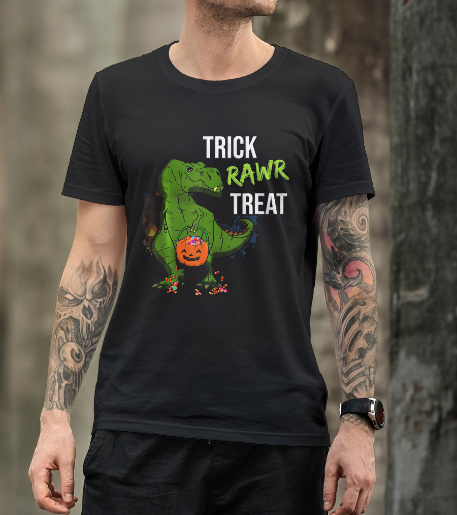 Trick Rawr Treat Halloween Rex Dinosaur With Candy And Pumpkin T-Shirt