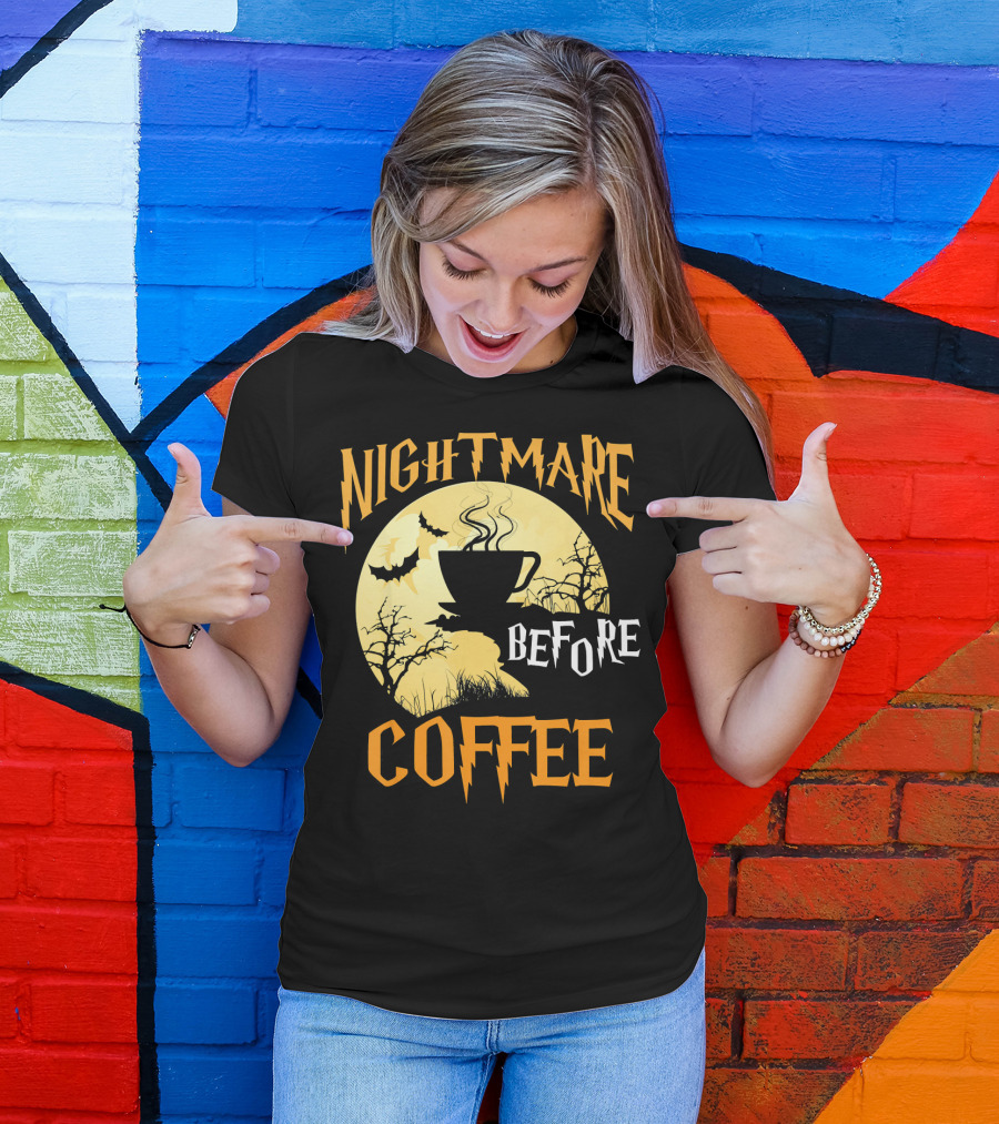 Nightmare Before Coffee Halloween Moon Bat And Tree T-Shirt