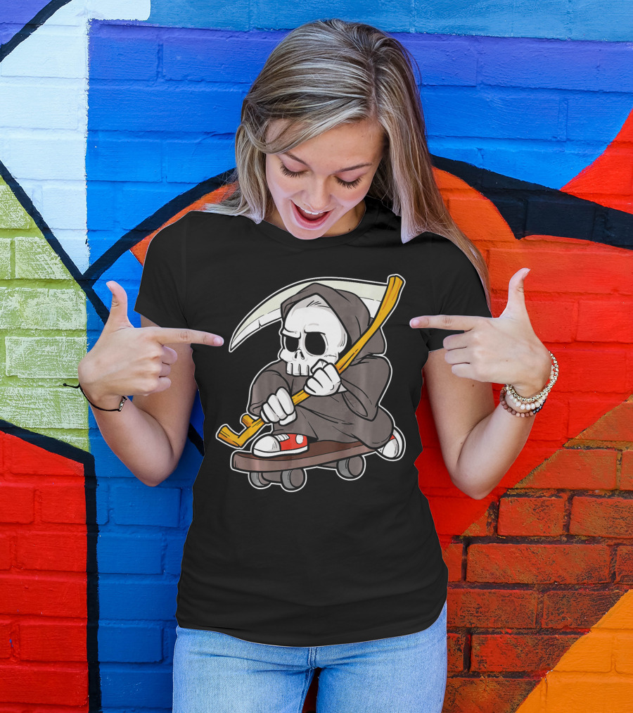 Funny Grim Reaper Skater Skateboard Reaper Skate Or Die T-Shirt