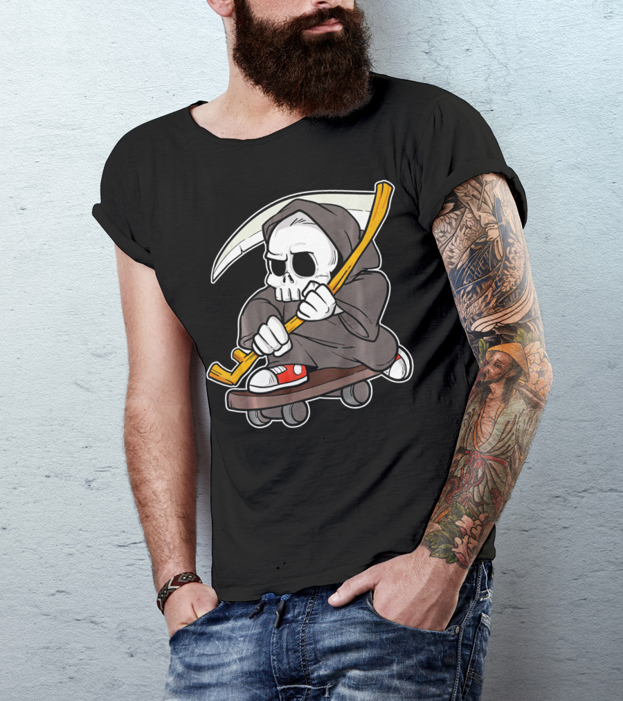 Funny Grim Reaper Skater Skateboard Reaper Skate Or Die T-Shirt