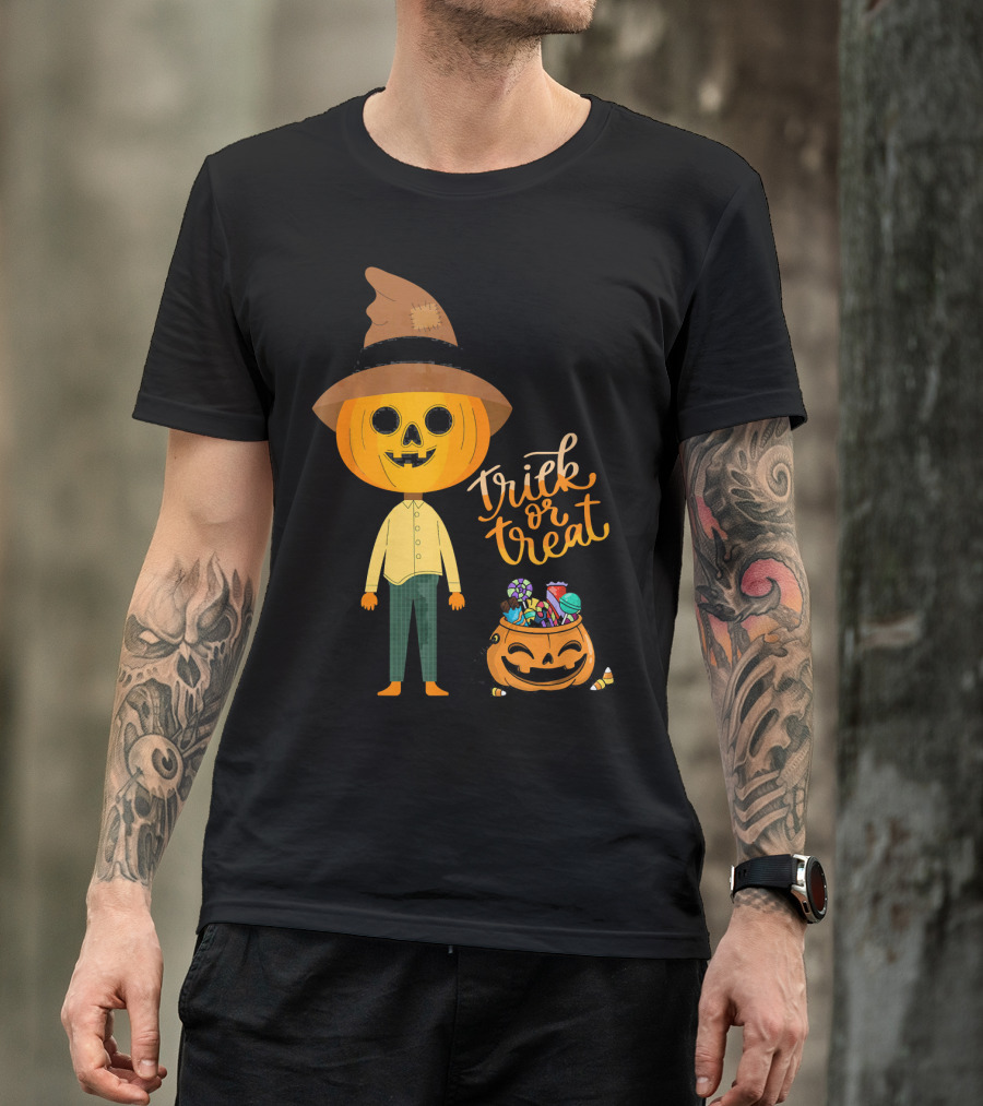 Trick Or Treat Funny Cute Halloween Pumpkin With Candy And Patchwork Hat T-Shirt