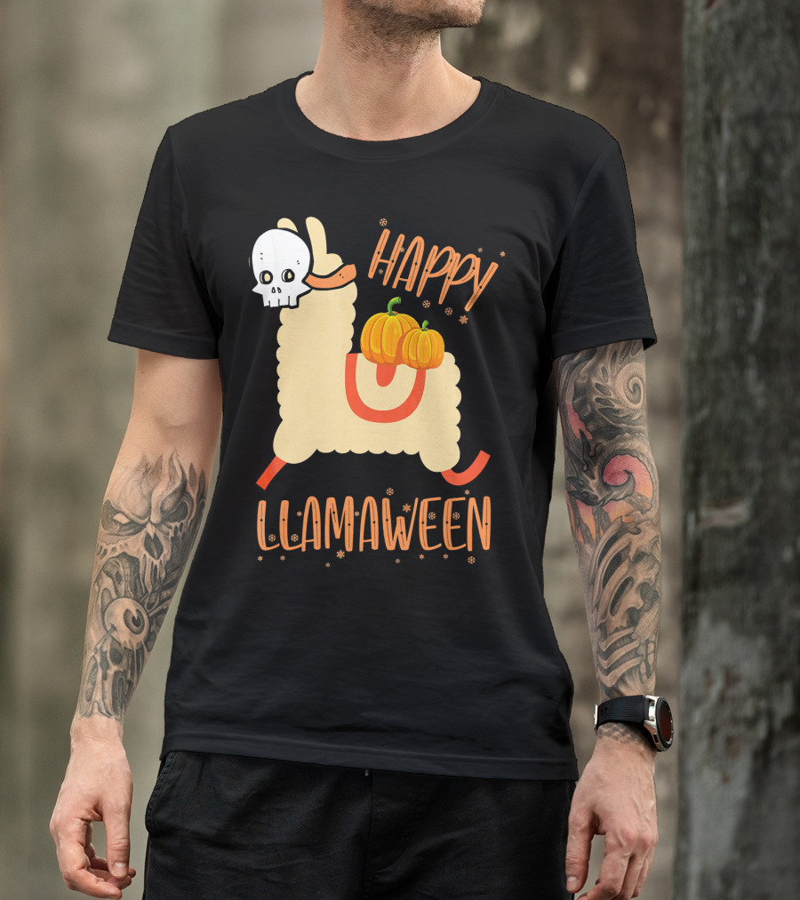 Happy Llamaween Funny Halloween Llama With Pumpkins T-Shirt