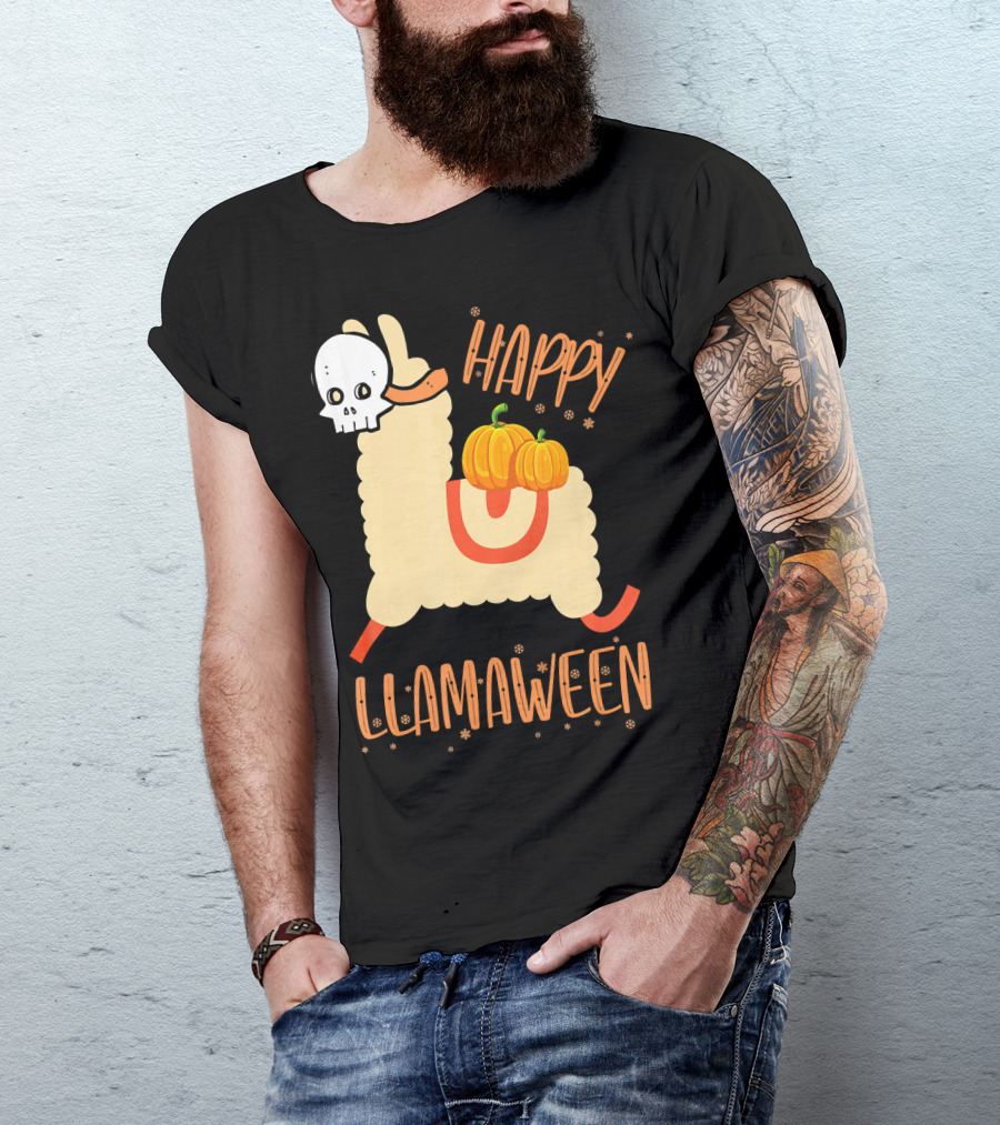 Happy Llamaween Funny Halloween Llama With Pumpkins T-Shirt