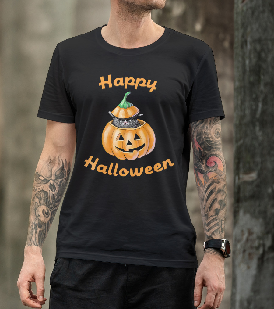 Happy Halloween Funny Cat In Pumpkin T-Shirt