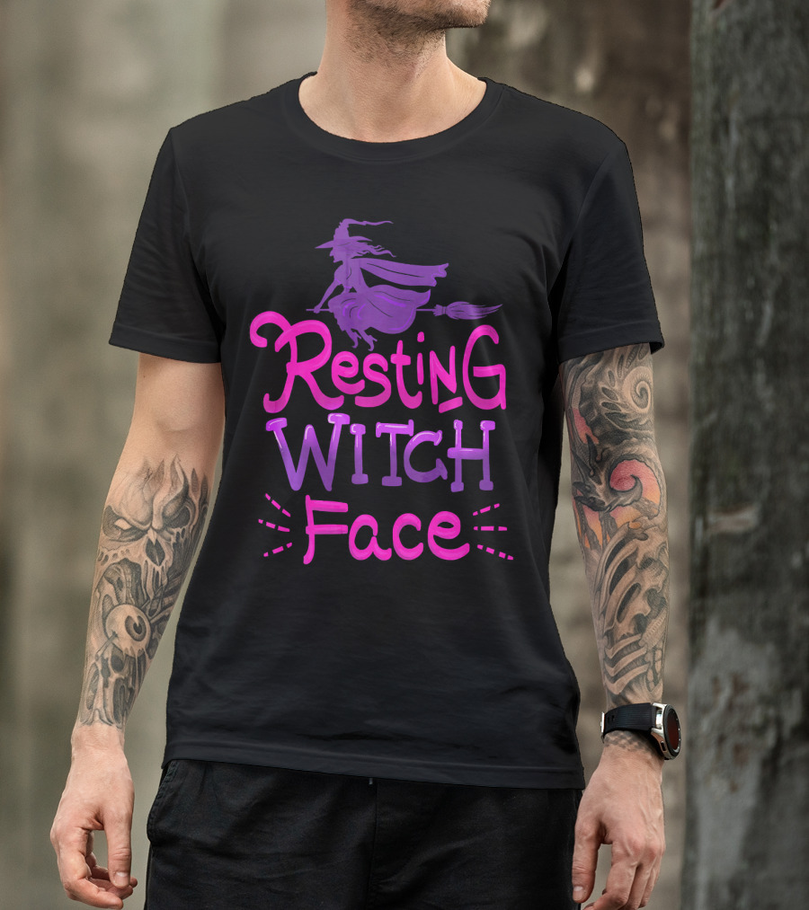 Resting Witch Face Halloween Broomstick T-Shirt