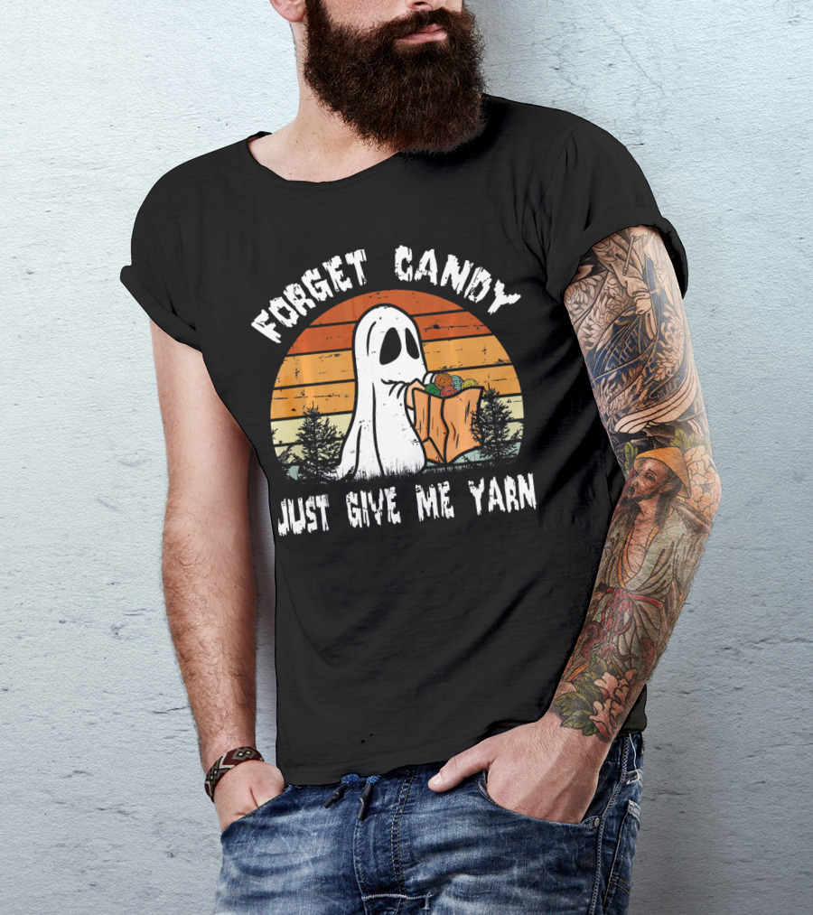 Forget Candy Just Give Me Yarn Ghost With Retro Sunset And Trees T-Shirt