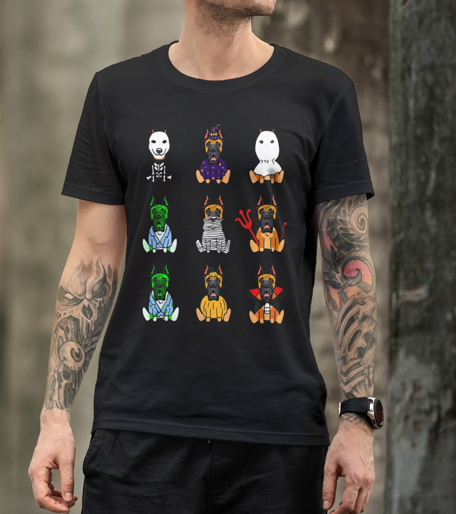 Great Dane Dog Lover Halloween Costume Grid Featuring Skeleton, Witch, Ghost, Frankenstein, Mummy, Devil, Dracula, And More T-Shirt