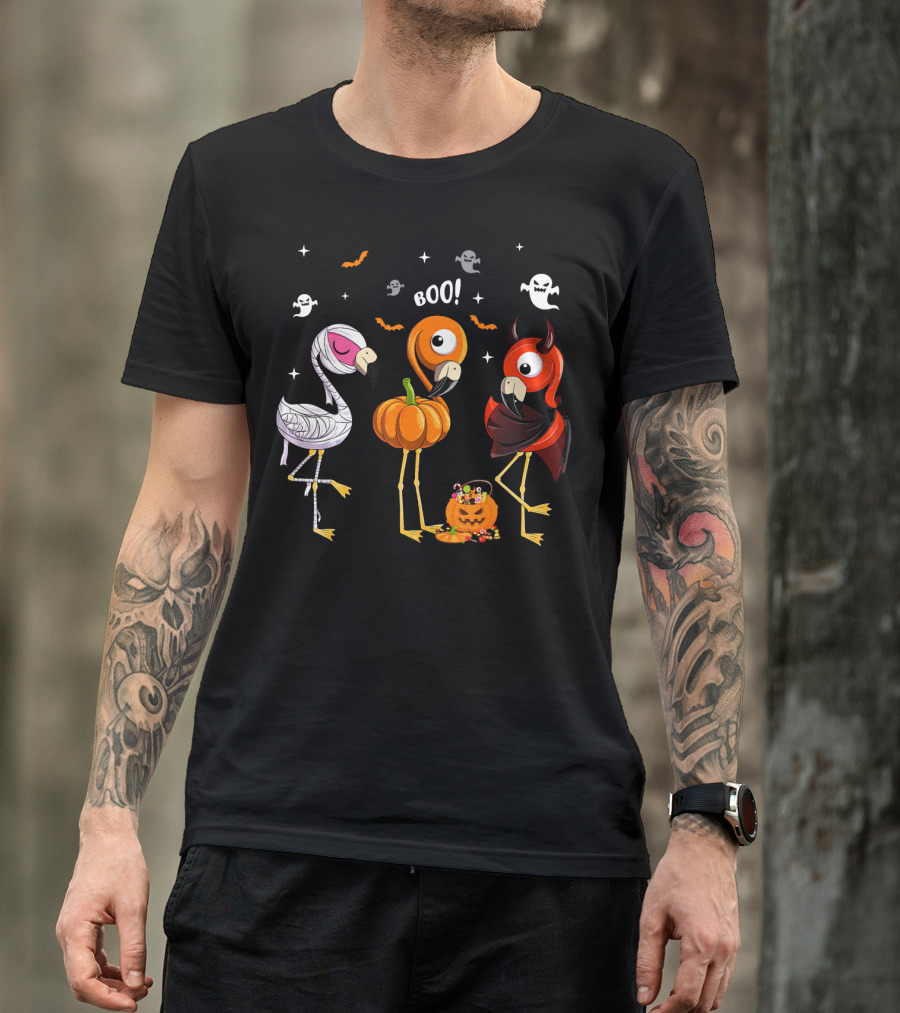 Funny Three Halloween Boo Flamingoes Pumpkin Ghosts T-Shirt