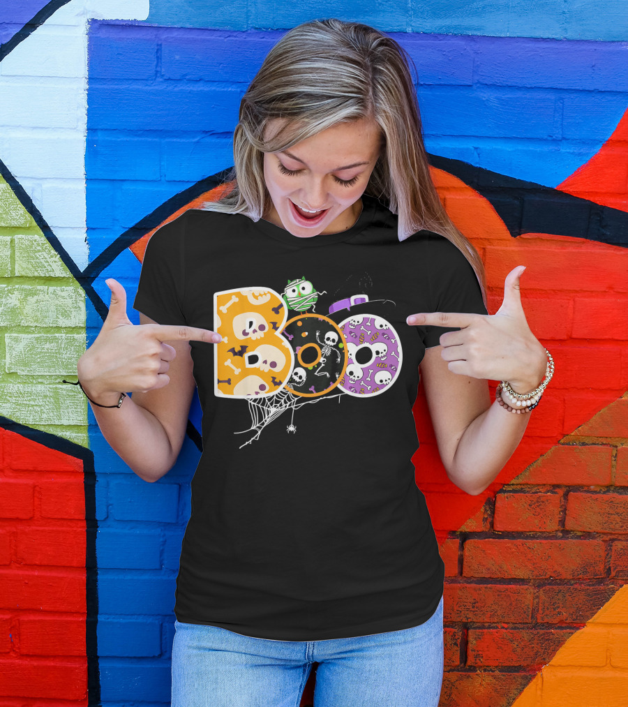 Boo Halloween Skeleton Spider Web Mummy Spooky T-Shirt