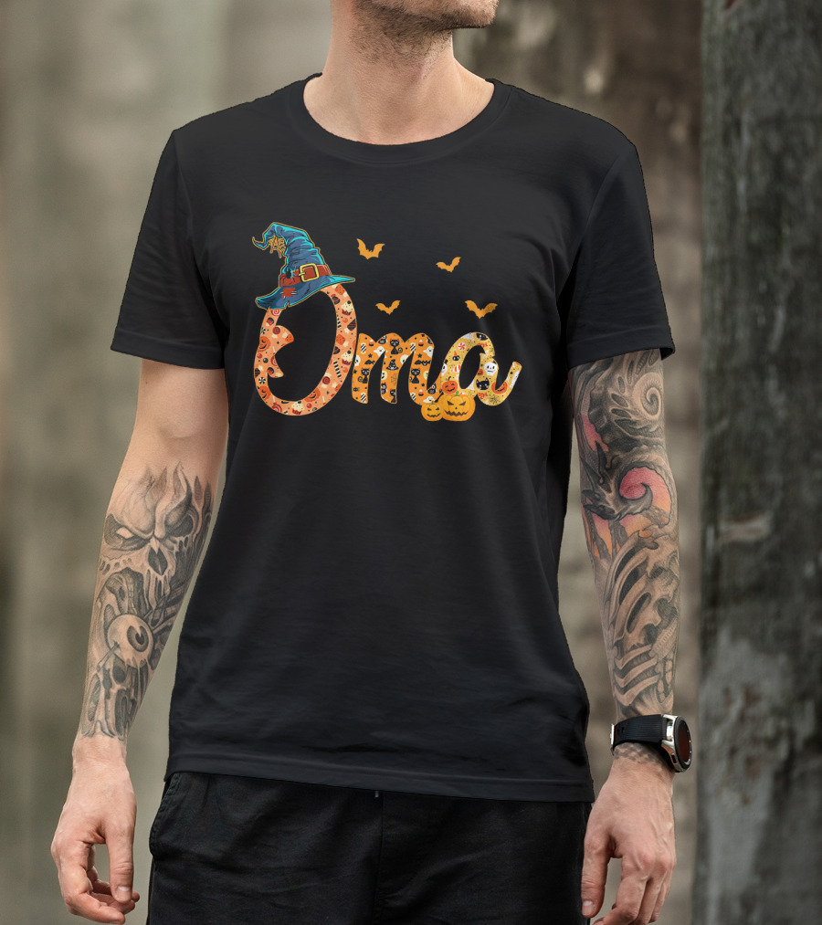 Oma Halloween Witch Hat Bats Pumpkins Costume T-Shirt
