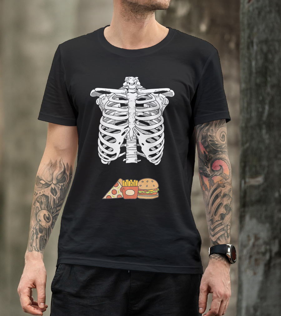 Skeleton Eating Pizza Fries And Burger T-Shirt