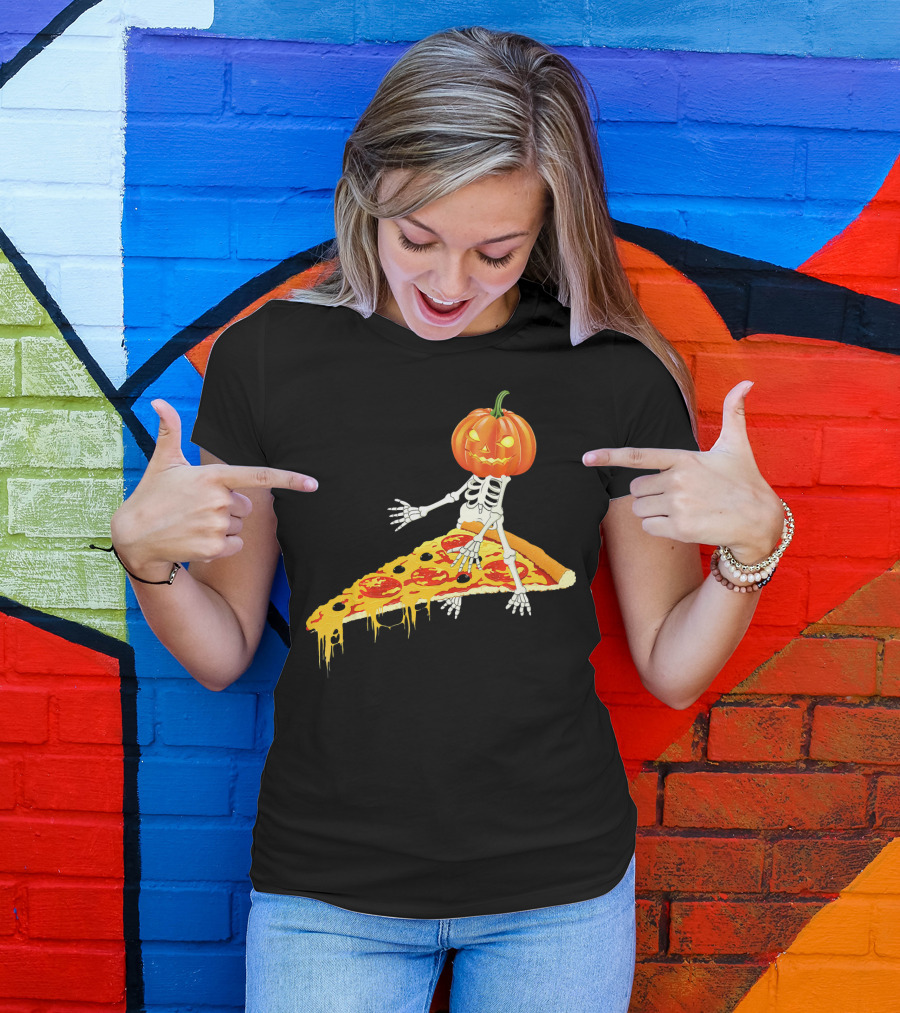 Pumpkin Head Skeleton Sitting On Pizza Slice With Pepperoni T-Shirt