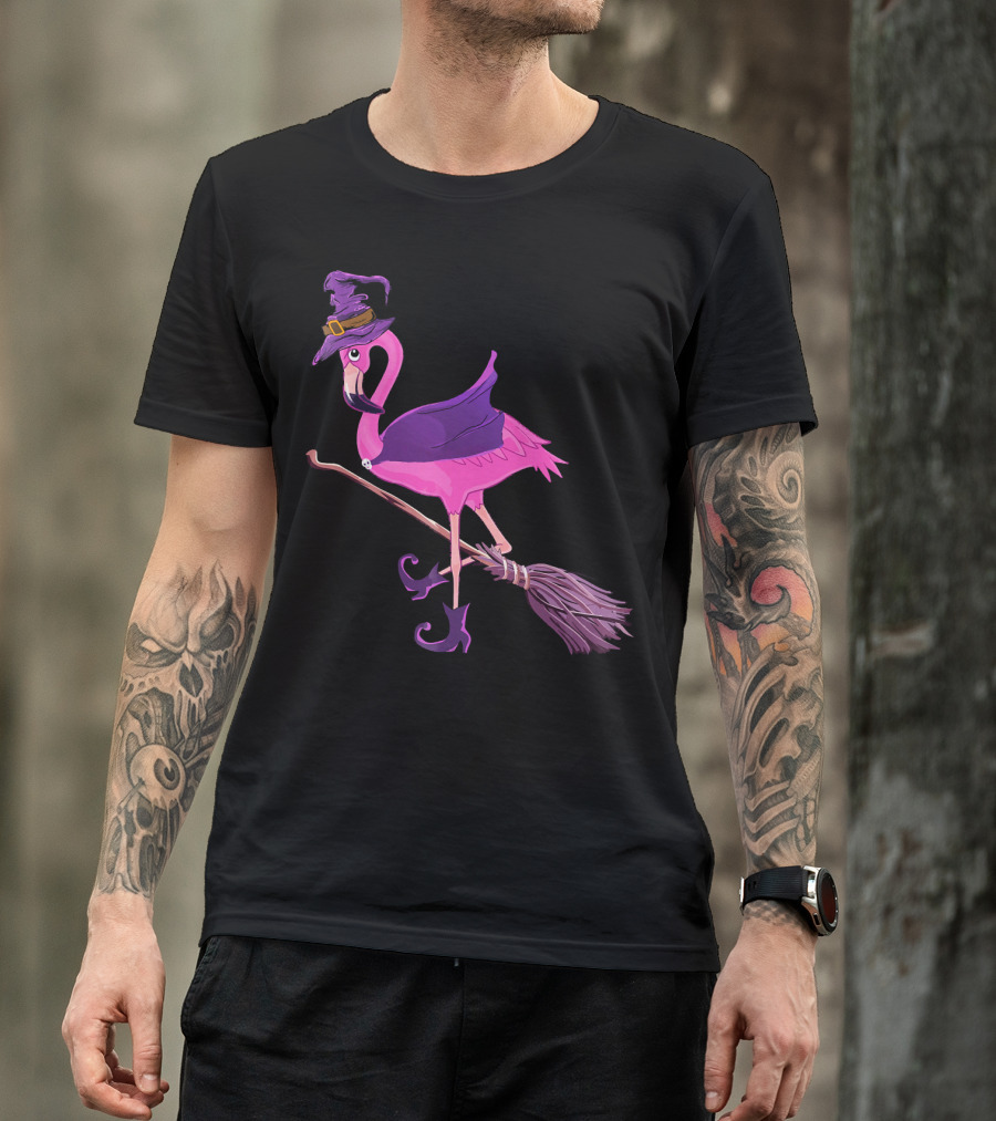 Flamingo Witch Riding Broomstick Funny Halloween T-Shirt