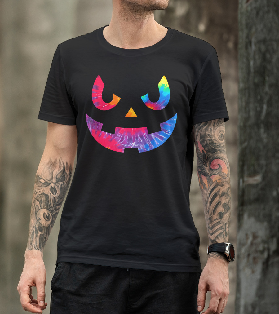 Scary Rainbow Tie Dye Jack O Lantern Face T-Shirt