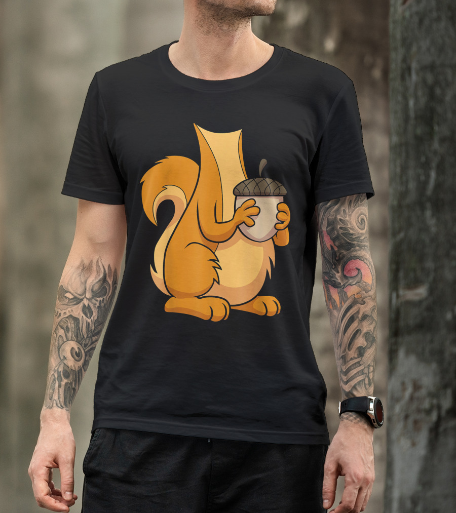 Squirrel Holding Acorn Cartoon T-Shirt