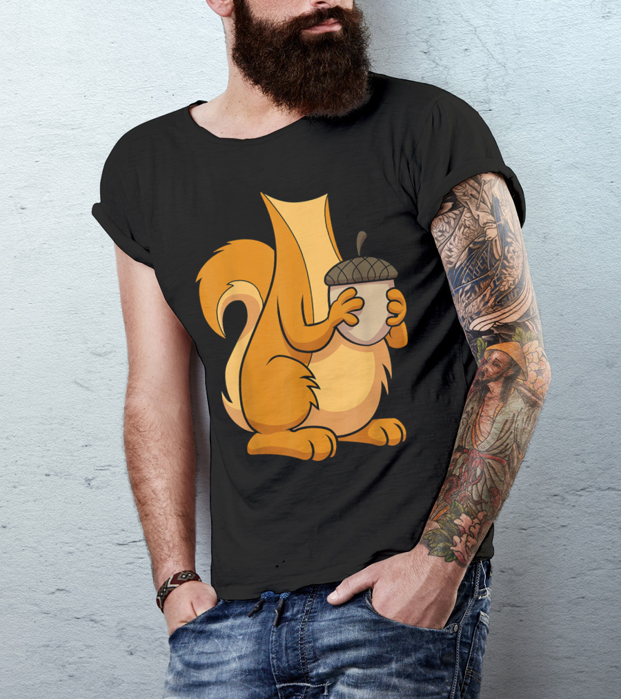 Squirrel Holding Acorn Cartoon T-Shirt