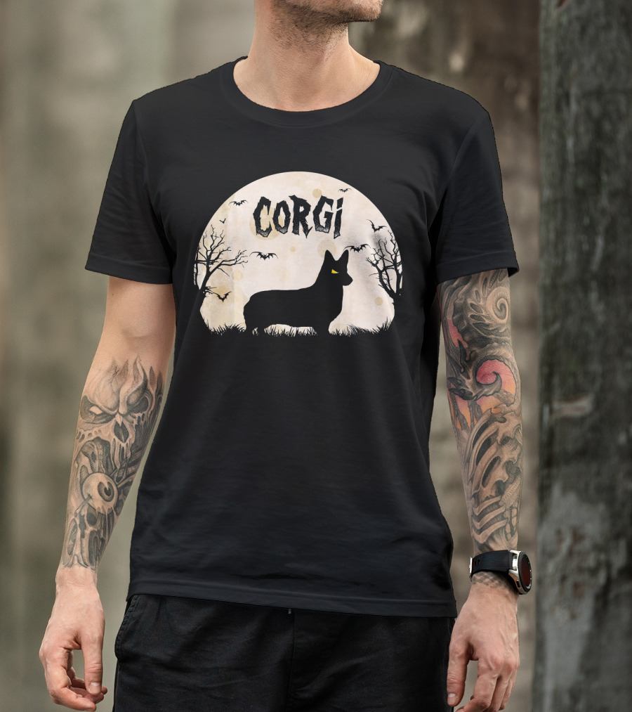 Corgi Halloween Horror Silhouette With Moon And Bats T-Shirt