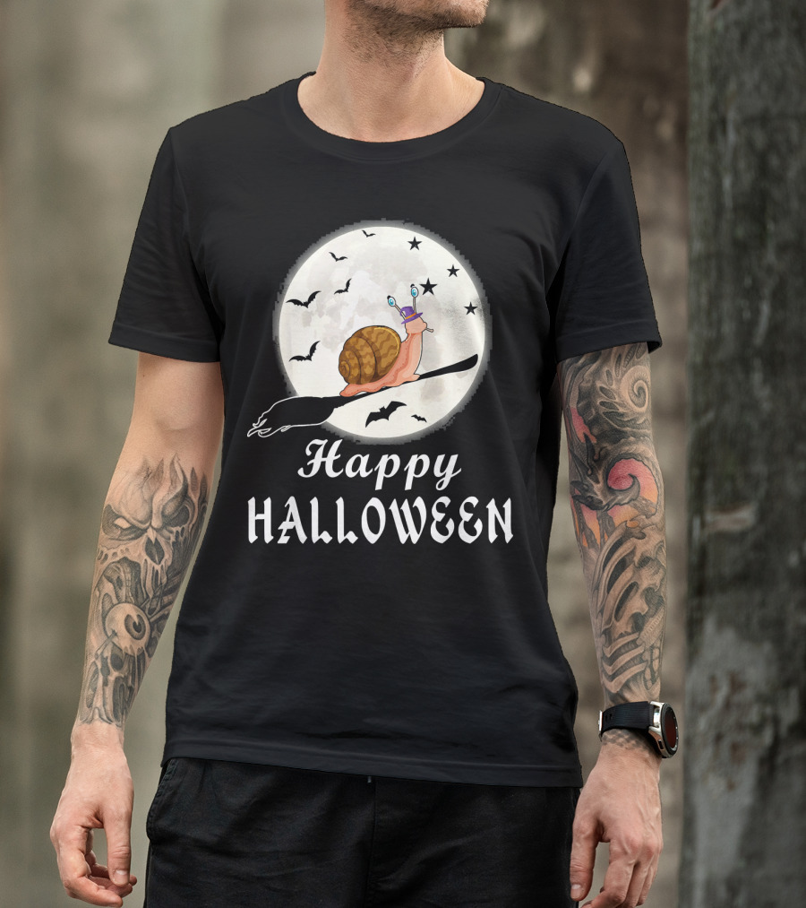 Happy Halloween Snail Riding Broomstick With Full Moon And Bats T-Shirt