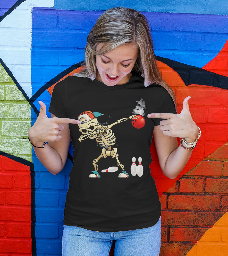 Dabbing Skeleton Holding Red Bowling Ball With Pins T-Shirt