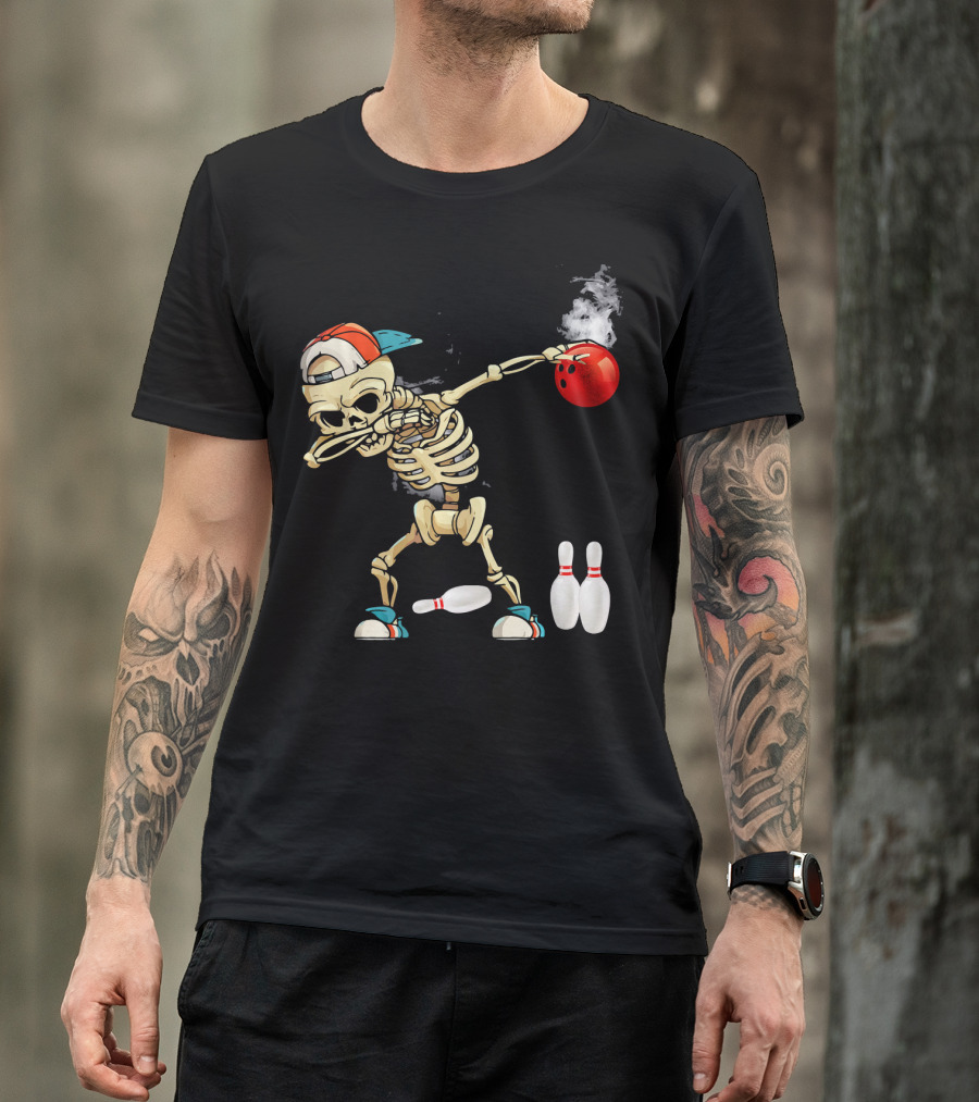 Dabbing Skeleton Holding Red Bowling Ball With Pins T-Shirt