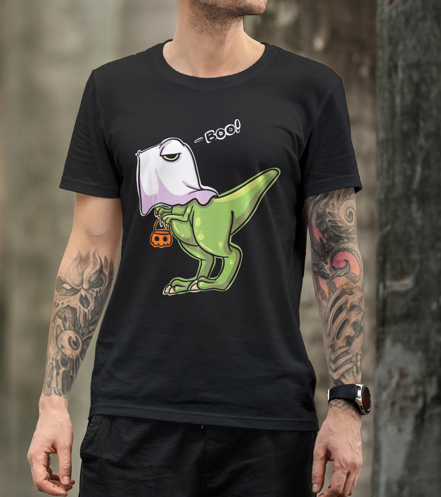 Funny Dinosaur Dressed As Halloween Ghost With Boo Text And Pumpkin T-Shirt