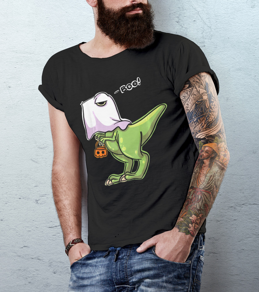 Funny Dinosaur Dressed As Halloween Ghost With Boo Text And Pumpkin T-Shirt