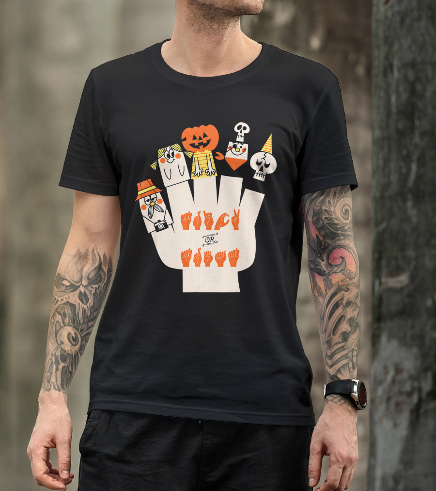 Trick Or Treat ASL Halloween Hand Signs With Pumpkin And Ghost Characters T-Shirt