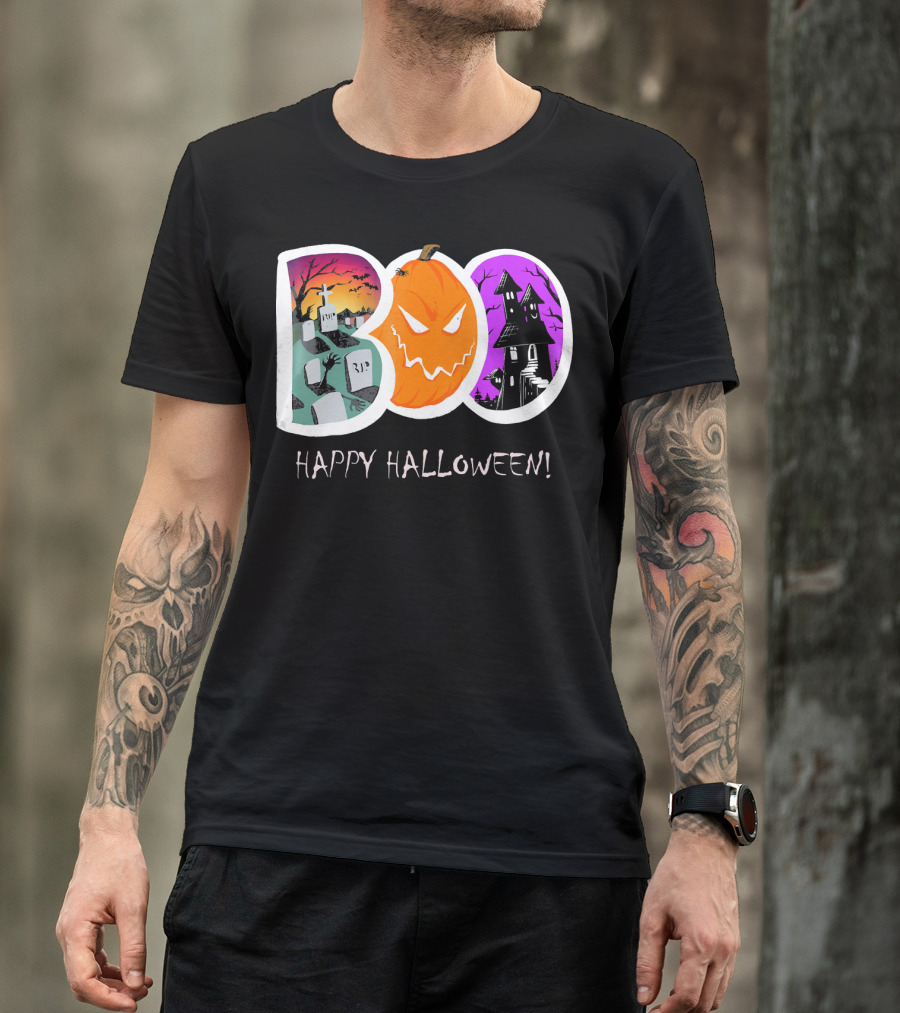 Happy Halloween Boo Trick Or Treat Pumpkin Graveyard Haunted House T-Shirt