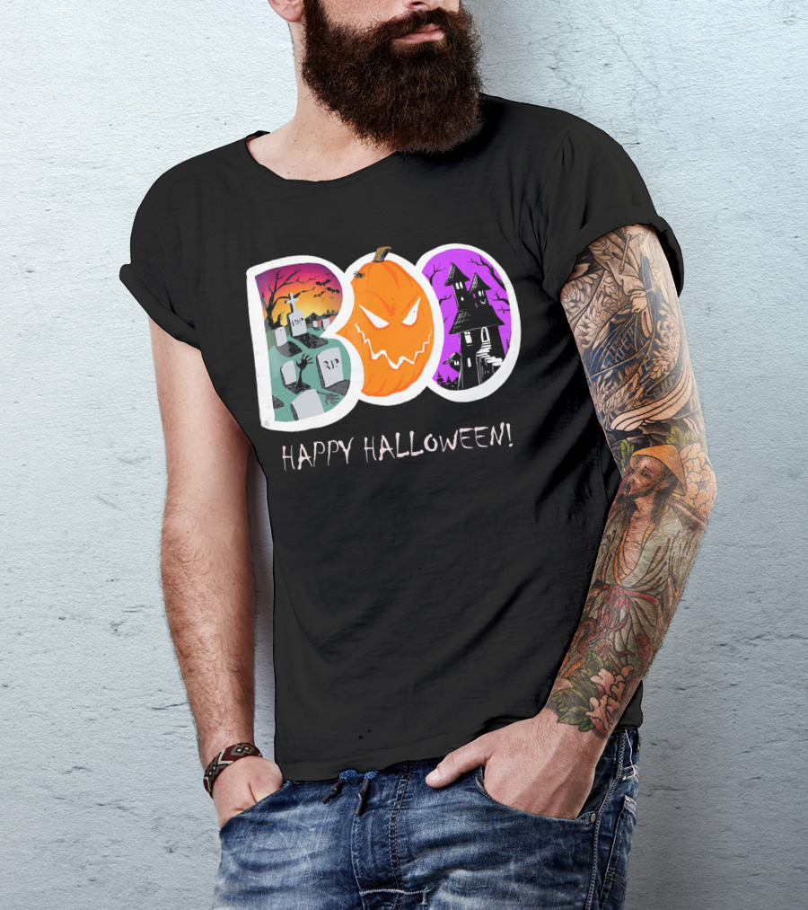 Happy Halloween Boo Trick Or Treat Pumpkin Graveyard Haunted House T-Shirt