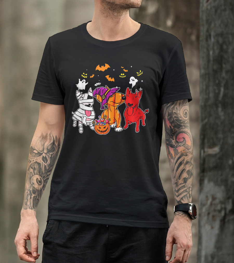 Adorable Bull Terrier Trio In Halloween Costumes With Spooky Ghosts And Bats T-Shirt