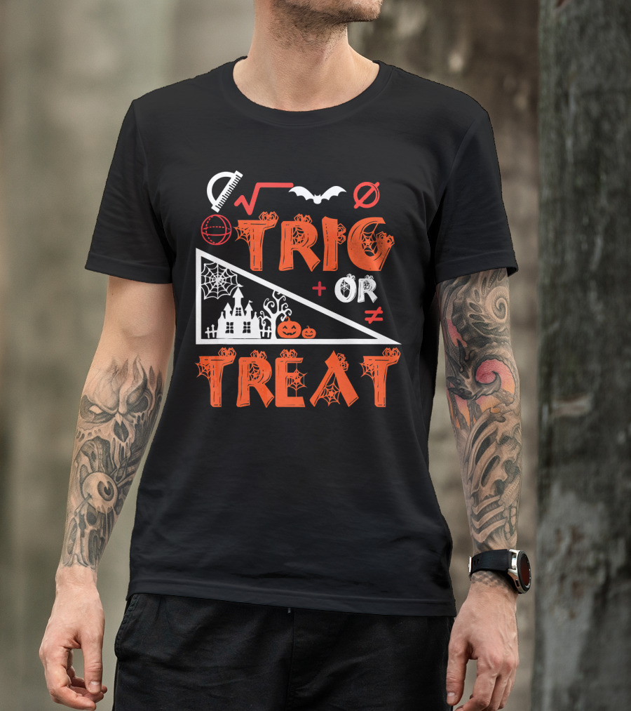 Trig Or Treat Math Halloween Costume Concept With Spooky Castle, Spider Webs, And Math Symbols T-Shirt
