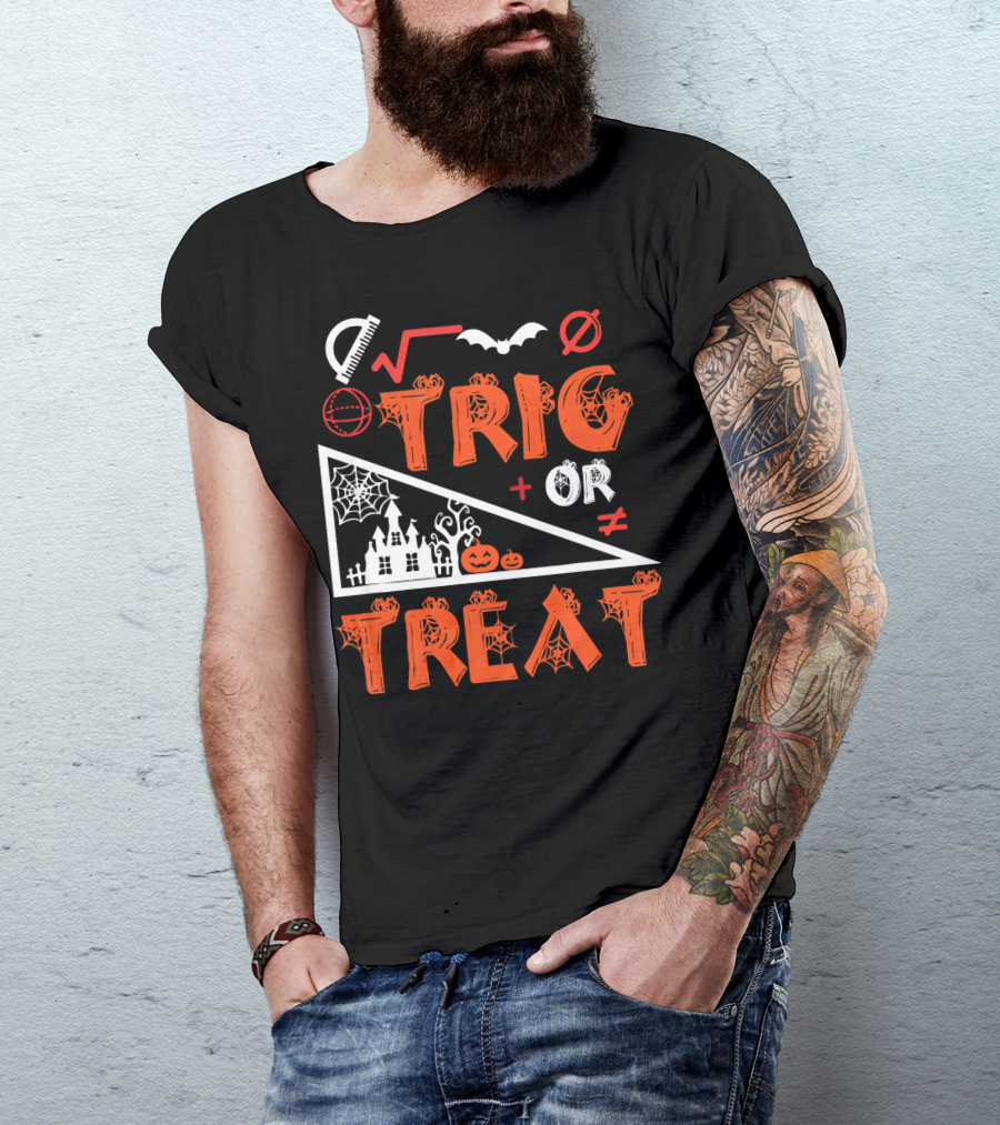Trig Or Treat Math Halloween Costume Concept With Spooky Castle, Spider Webs, And Math Symbols T-Shirt