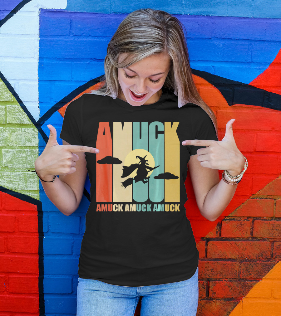 Amuck Amuck Amuck Vintage Witch On Broom Silhouette With Sunset Background T-Shirt
