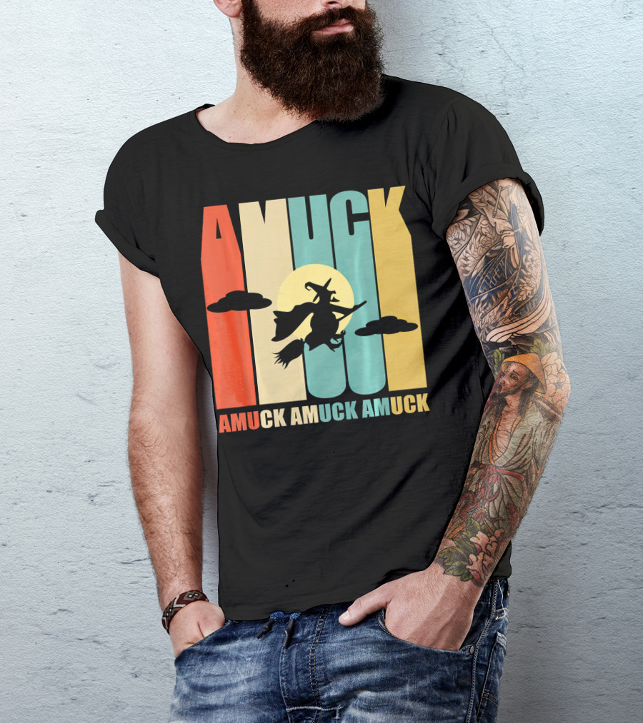 Amuck Amuck Amuck Vintage Witch On Broom Silhouette With Sunset Background T-Shirt