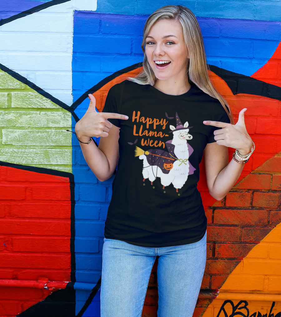 Happy Llamaween Witchy Halloween Llama With Hat And Broom T-Shirt