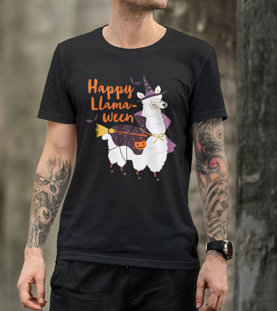 Happy Llamaween Witchy Halloween Llama With Hat And Broom T-Shirt