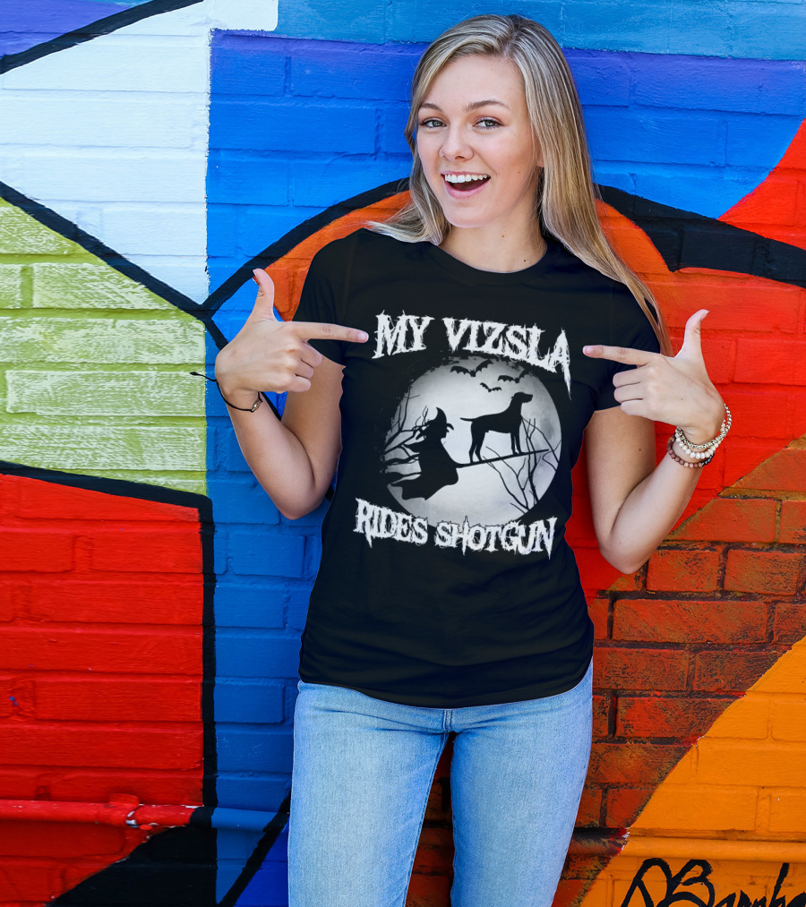 My Vizsla Rides Shotgun Halloween Witch Moon Bats T-Shirt