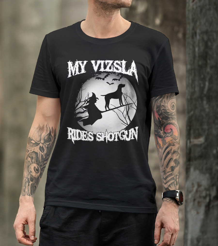 My Vizsla Rides Shotgun Halloween Witch Moon Bats T-Shirt