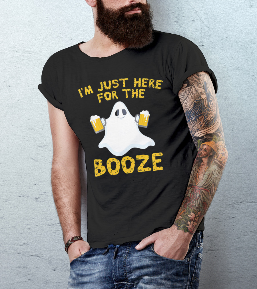 I'm Just Here For The Booze Ghost Holding Beer Mugs T-Shirt
