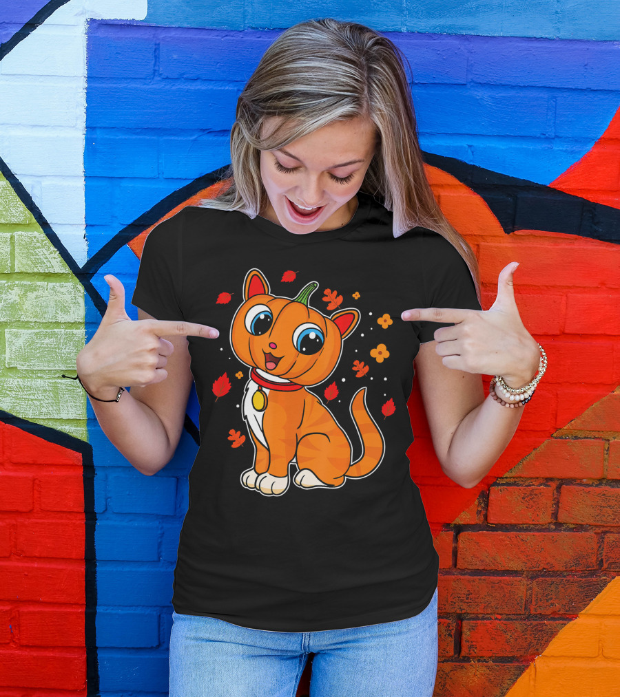 Halloween Pumpkin Cat With Autumn Leaves And Flowers T-Shirt