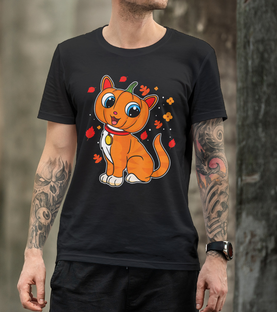 Halloween Pumpkin Cat With Autumn Leaves And Flowers T-Shirt