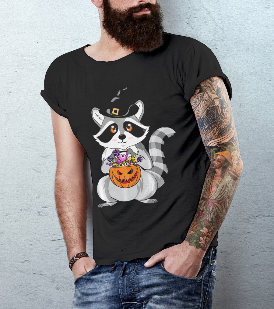 Halloween Raccoon Witch Hat Pumpkin Candy T-Shirt