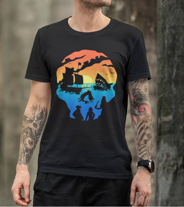 Mens Skeleton Skull Pirate Ship Sunset T-Shirt