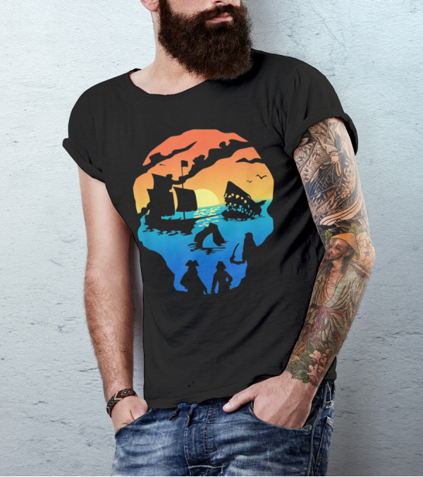 Mens Skeleton Skull Pirate Ship Sunset T-Shirt